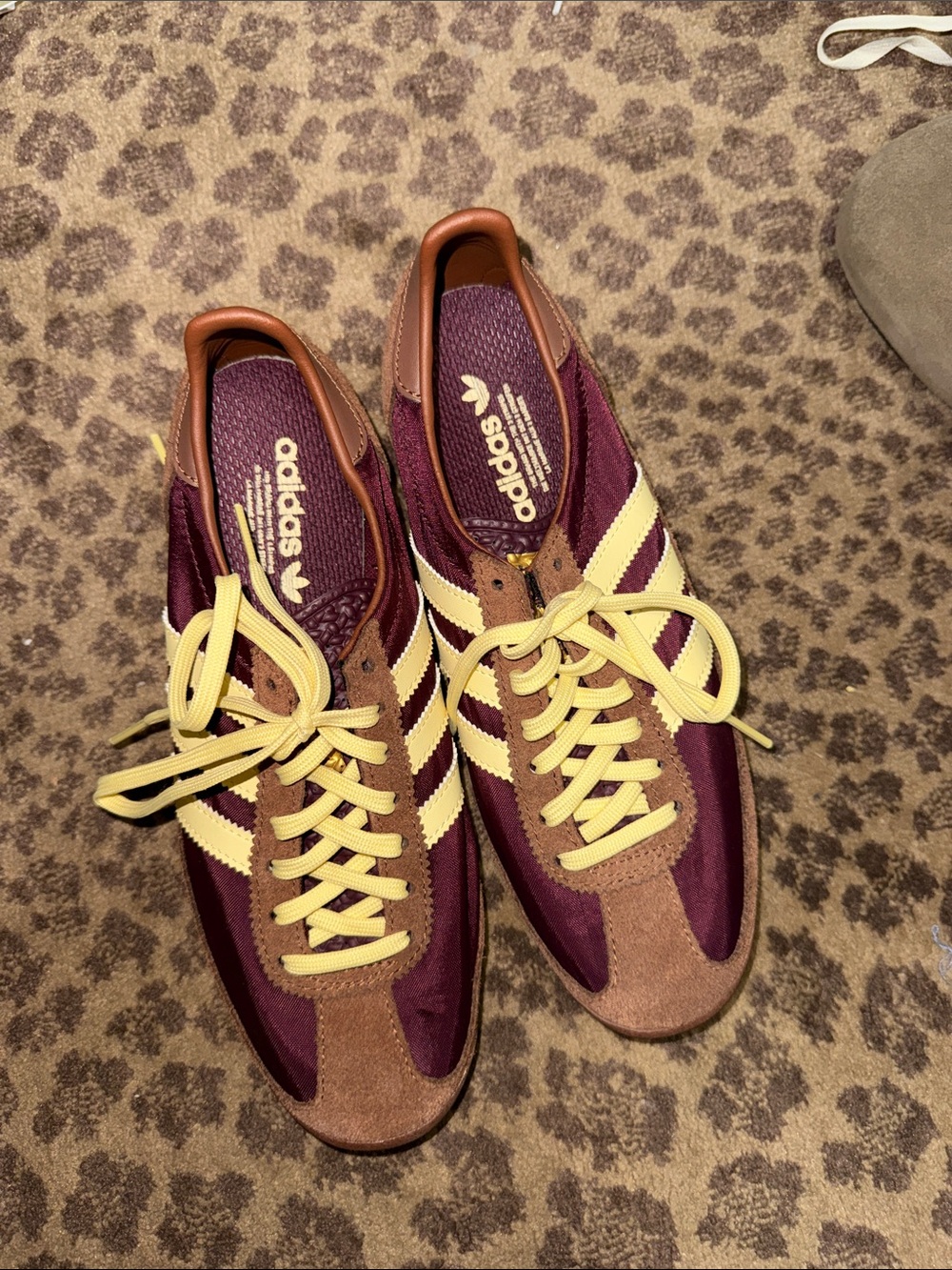 Adidas womans Burgundy and Tan Retro Runner with Cream Stripes
